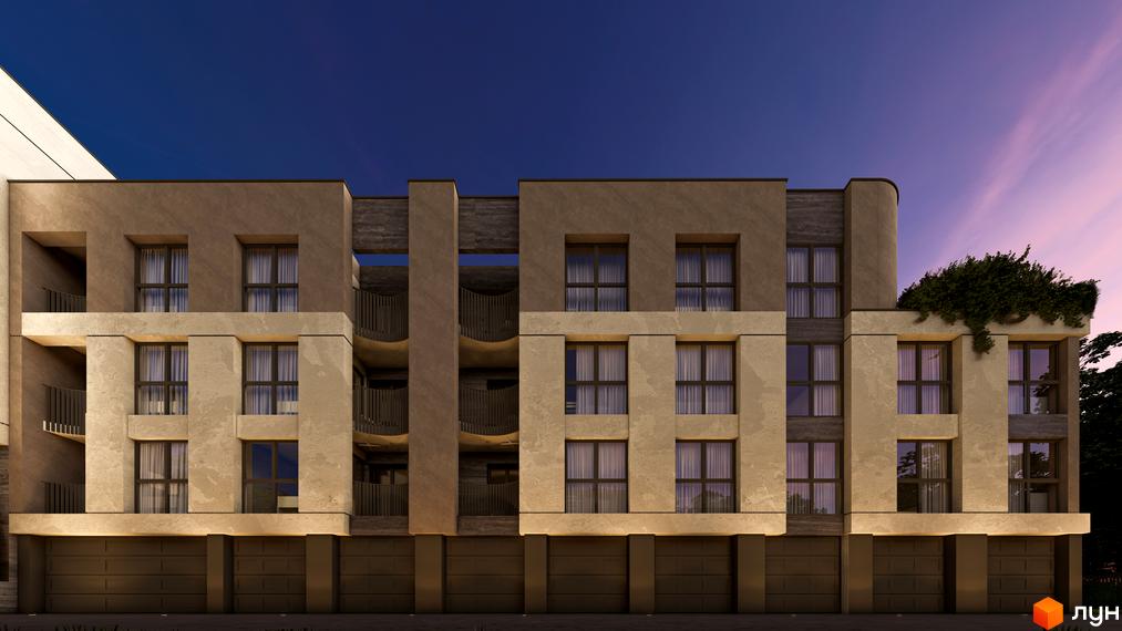Фасад житлового комплексу Valencia з вікнами та гаражними воротами ввечері. Навколо будинку зелені насадження та вечірнє небо.