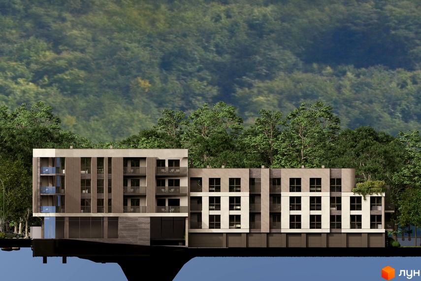 Зовнішній вигляд житлового комплексу Valencia, що складається з кількох секцій різної висоти, з балконами та великими вікнами. Навколо комплексу зелені дерева та гірський пейзаж.