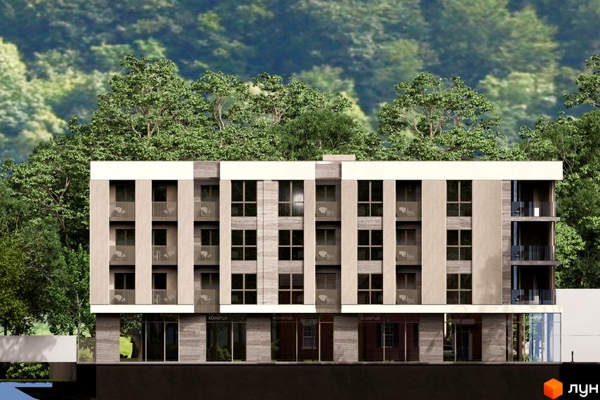 Фасад житлового комплексу Valencia з балконами та великими вікнами, оточений зеленню дерев. Перший поверх має комерційні приміщення.