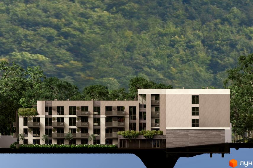 Будинок житлового комплексу Valencia з балконами та вікнами, оточений деревами та зеленню на фоні гір.