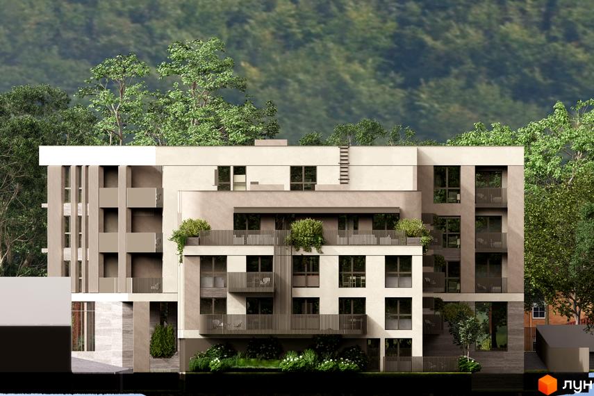 Житловий комплекс Valencia - фасади будівель з балконами та зеленню, оточений деревами.