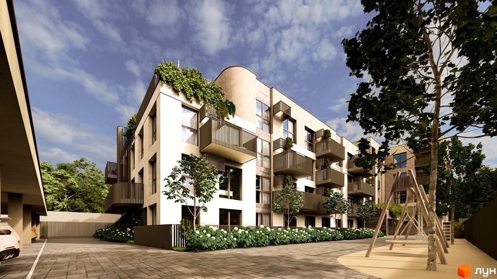 Житловий комплекс Valencia з балконами та зеленню на фасаді. Поруч дитячий майданчик та парковка.