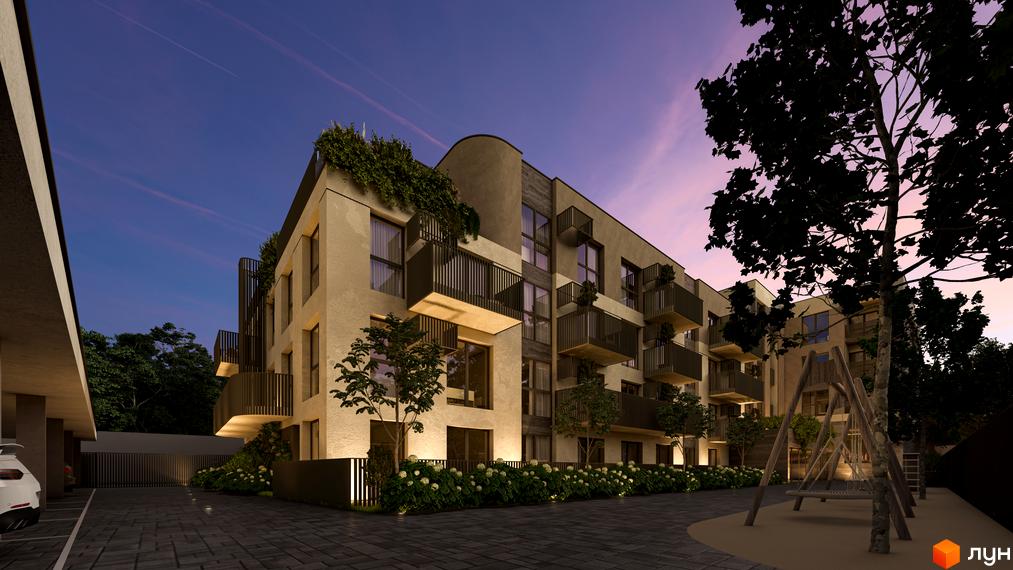 Житловий комплекс Valencia з балконами та зеленню на фасаді. Прибудинкова територія з дитячим майданчиком та парковкою.