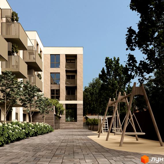 Житловий комплекс Valencia: фасад будівлі з балконами та вікнами, дитячий майданчик з гойдалками та зелена зона.
