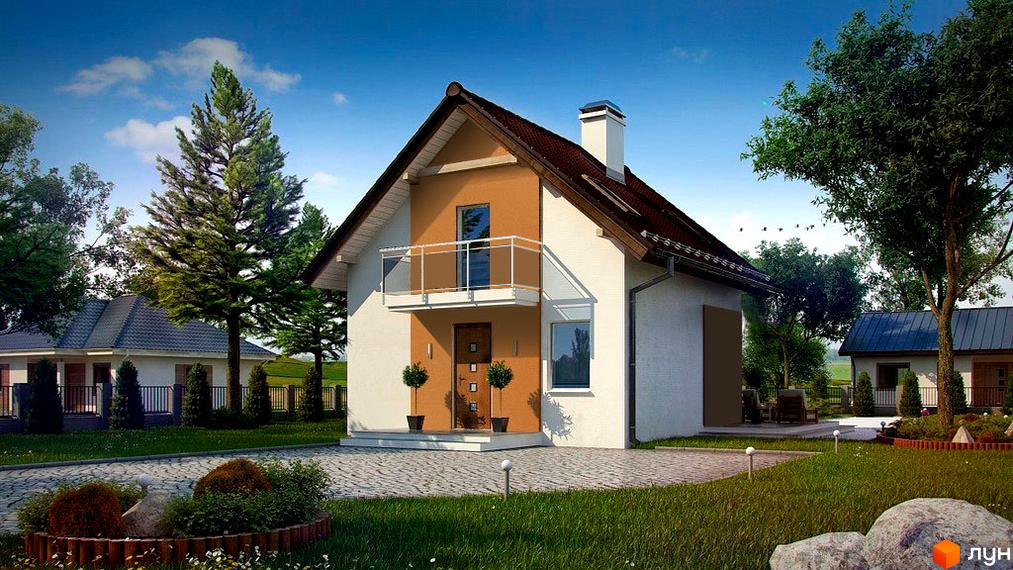 Котеджне містечко КМ Березовая Роща. Зовнішній вигляд двоповерхового будинку з балконом та прибудинковою територією з зеленими насадженнями та бруківкою.