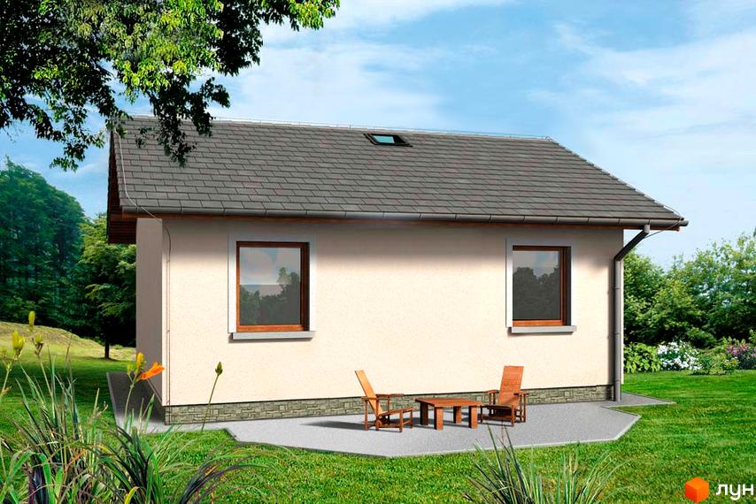 Котеджне містечко Березовая Роща: одноповерховий будинок з сірим дахом, двома вікнами та терасою з дерев'яними меблями. Навколо будинку зелений газон та дерева.