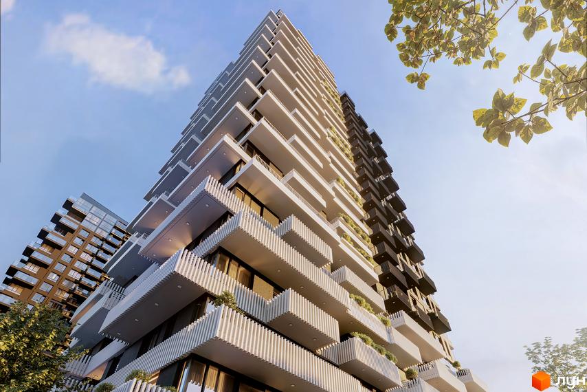 Житловий комплекс TWINS з унікальними балконами та фасадом, що нагадує хвилі. Навколо будинку зелені насадження та сучасна архітектура.