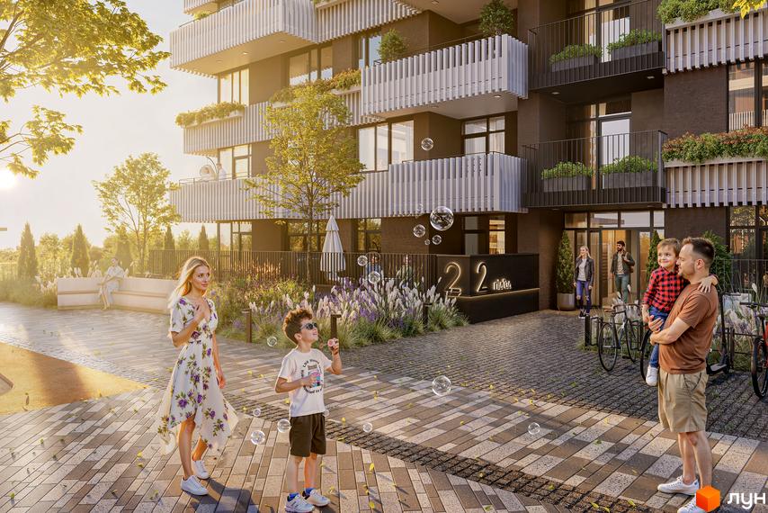 Зовнішній вигляд новобудови ЖК TWINS з балконами та фасадом, на прибудинковій території родина з дітьми та бульбашки.