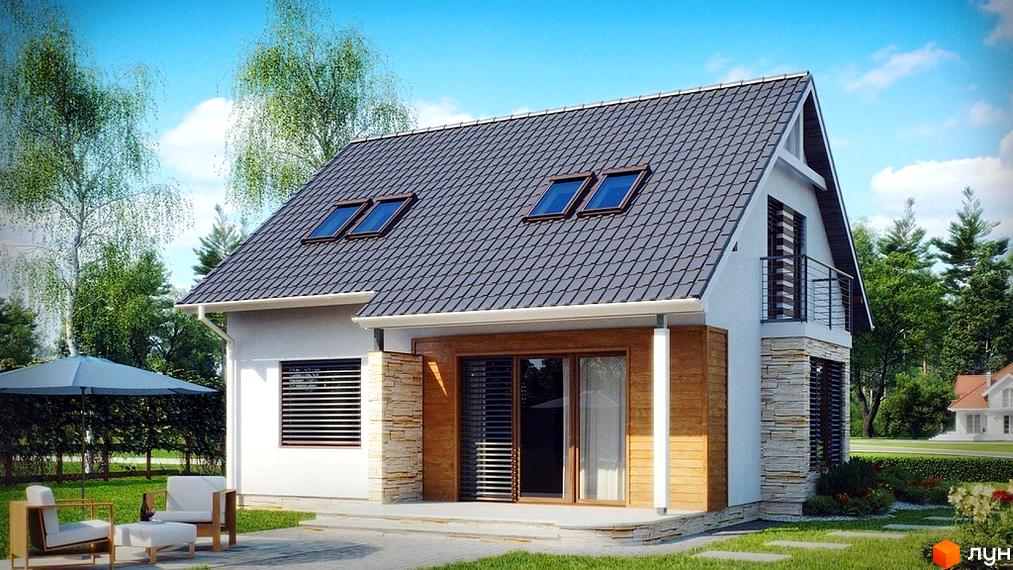 Котеджне містечко Березовая Роща: двоповерховий будинок з мансардними вікнами, кам'яним та дерев'яним оздобленням фасаду, балконом та зоною відпочинку на прибудинковій території з парасолькою та меблями.