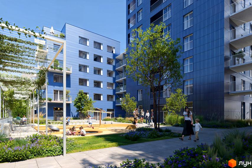 Житловий комплекс Курдонери з синіми фасадами та дитячим майданчиком. На території розташовані зелені зони та місця для відпочинку.