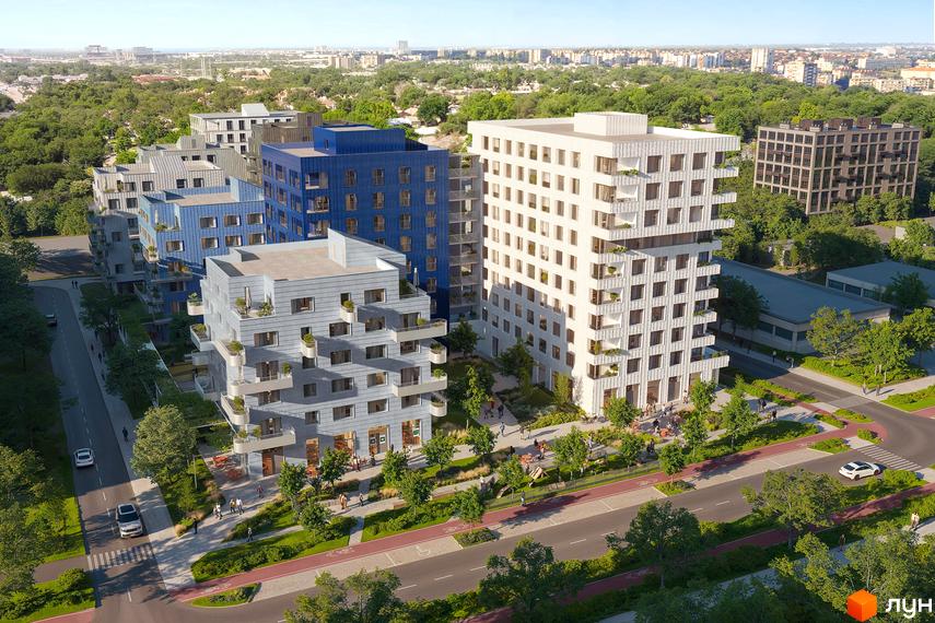 Житловий комплекс Курдонери: сучасні будівлі з балконами та зеленою прибудинковою територією. Комплекс розташований серед дерев, з доглянутими алеями та місцями для відпочинку.