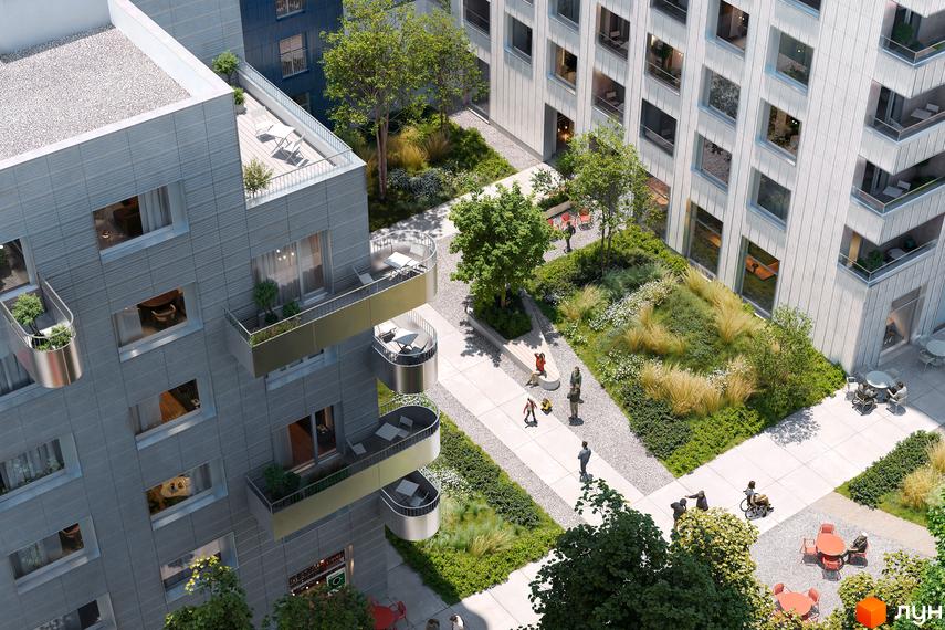 Житловий комплекс Курдонери з сірими фасадами та золотими балконами, упорядкована прибудинкова територія з зеленими насадженнями та місцями для відпочинку.