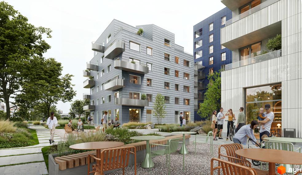 Житловий комплекс Курдонери з сірою фасадною обробкою та виступаючими балконами, оточений зеленою зоною з доріжками та місцями для відпочинку.