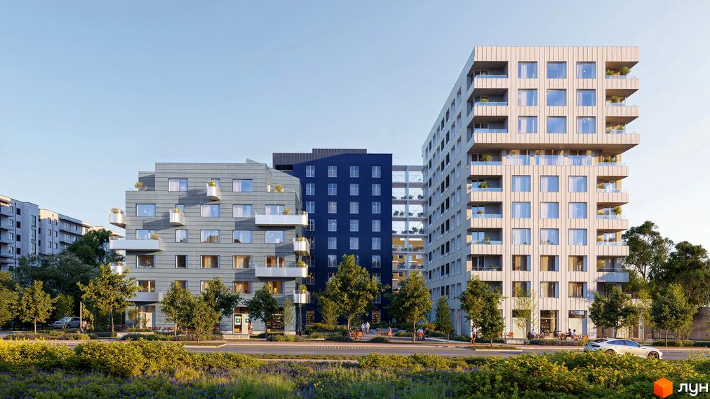 Житловий комплекс Курдонери: фасади будівель з балконами та вікнами, зелена прибудинкова територія з деревами та квітами.