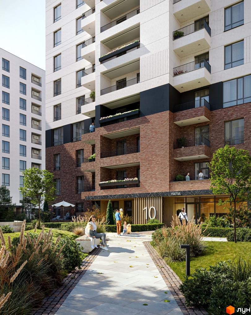 Житловий комплекс Premier Bay з цегляним фасадом та балконами, зеленою прибудинковою територією та зоною відпочинку.