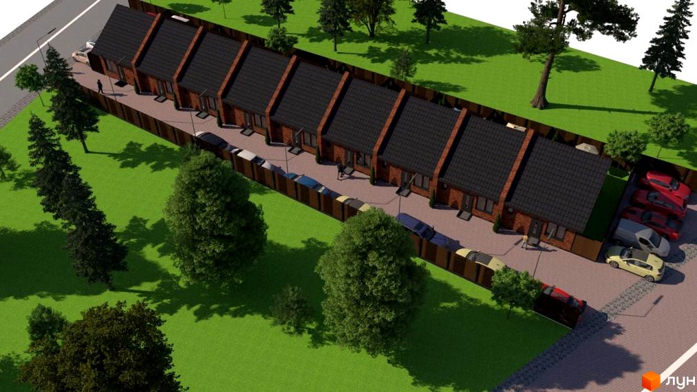 Одноповерхові таунхауси в Києві - Малехів. Зовнішній вигляд цегляних будинків з чорними дахами та прибудинкова територія з парковкою та деревами.