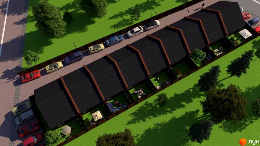 Таунхауси Одноповерховий Київ - Малехів. Сучасні таунхауси з індивідуальними подвір'ями та парковкою, оточені зеленою зоною.