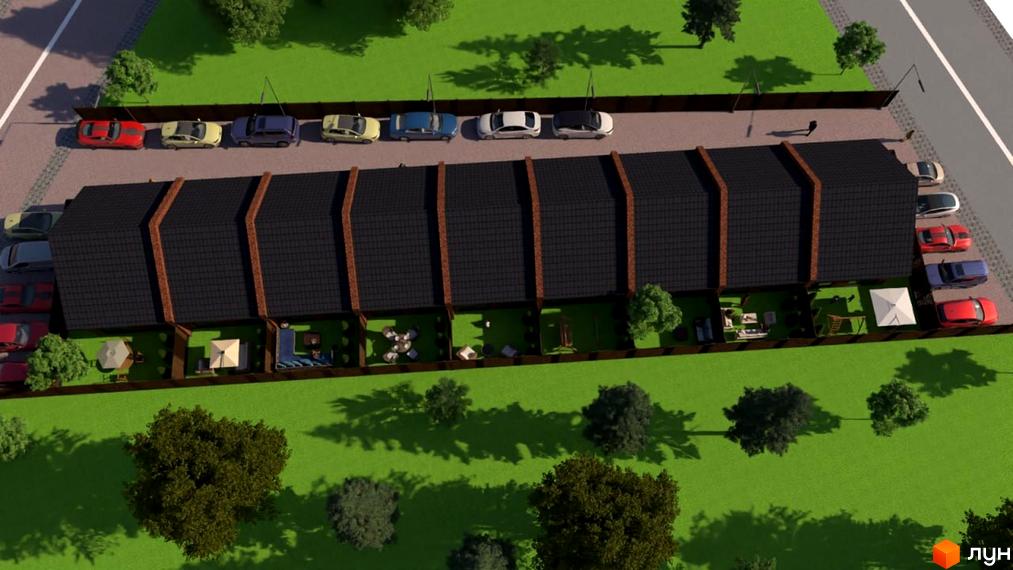 Таунхауси Одноповерховий Київ - Малехів. Зовнішній вигляд таунхаусів з чорними дахами та прибудинковою територією з паркуванням та зеленими зонами.