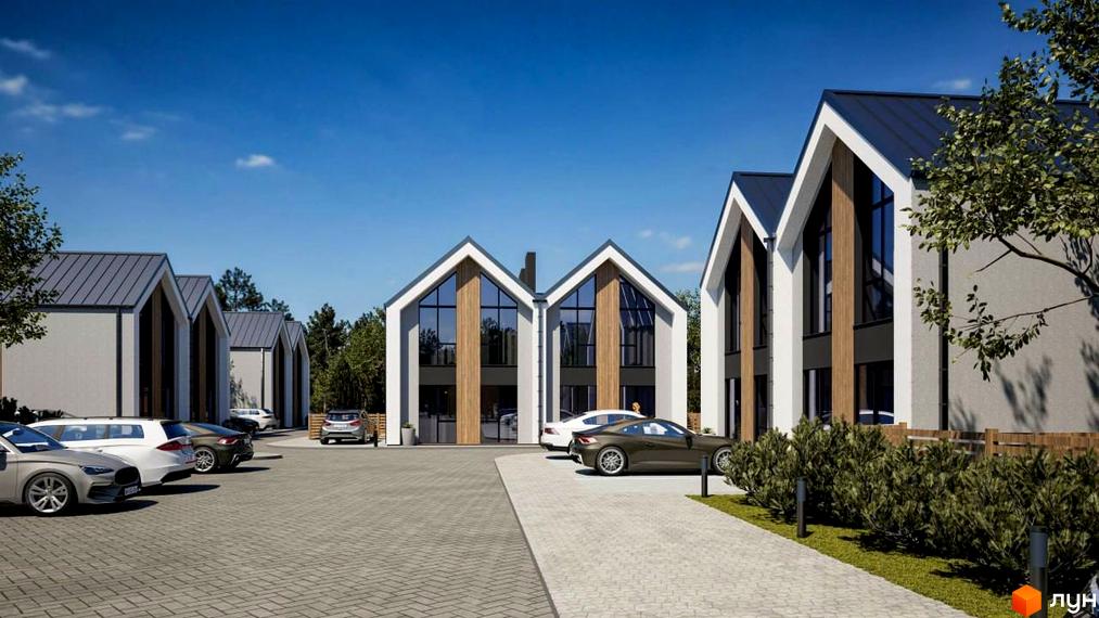 Зовнішній вигляд дуплексів Дуплекси Струмочок з великими вікнами та сірими дахами. Прибудинкова територія з бруківкою та автомобілями.