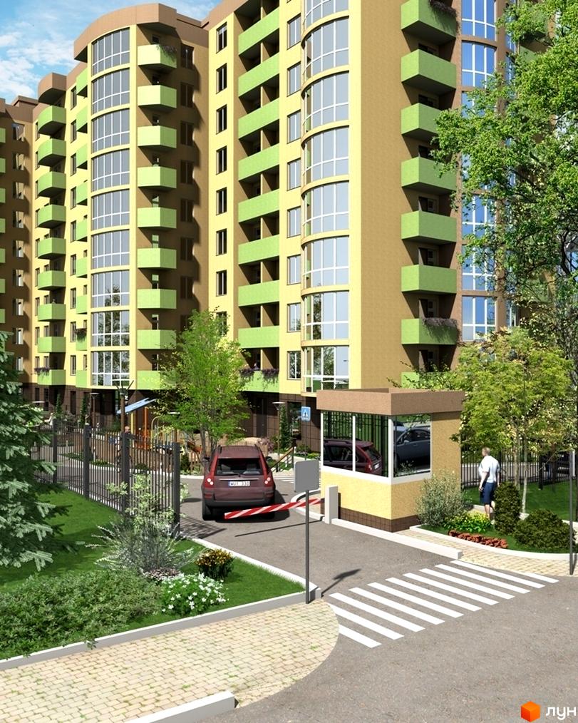 Фасад житлового комплексу Зірка Вишгорода з зеленими балконами та великими вікнами. Прибудинкова територія з парканом, шлагбаумом та доглянутим газоном.