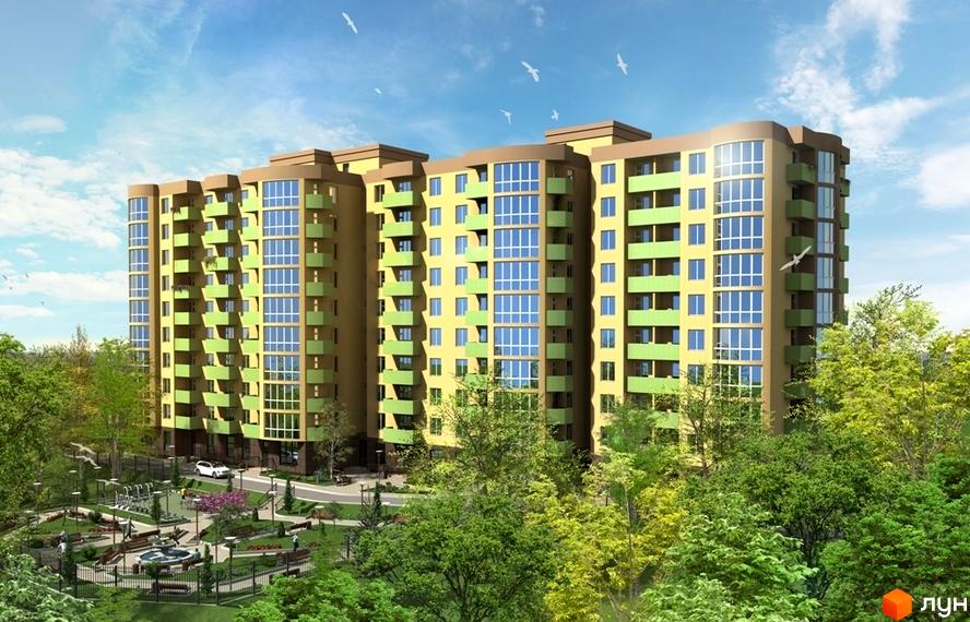 Житловий комплекс Зірка Вишгорода - багатоповерховий будинок з зеленими балконами та великими вікнами. На прибудинковій території розташований дитячий майданчик, лавки та зелені насадження.