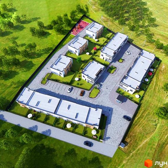 Котеджне містечко КМ City Villa Club: сучасні будинки з пласкими дахами та прибудинковою територією з паркуванням та зеленими зонами. Огляд новобудови з висоти пташиного польоту.