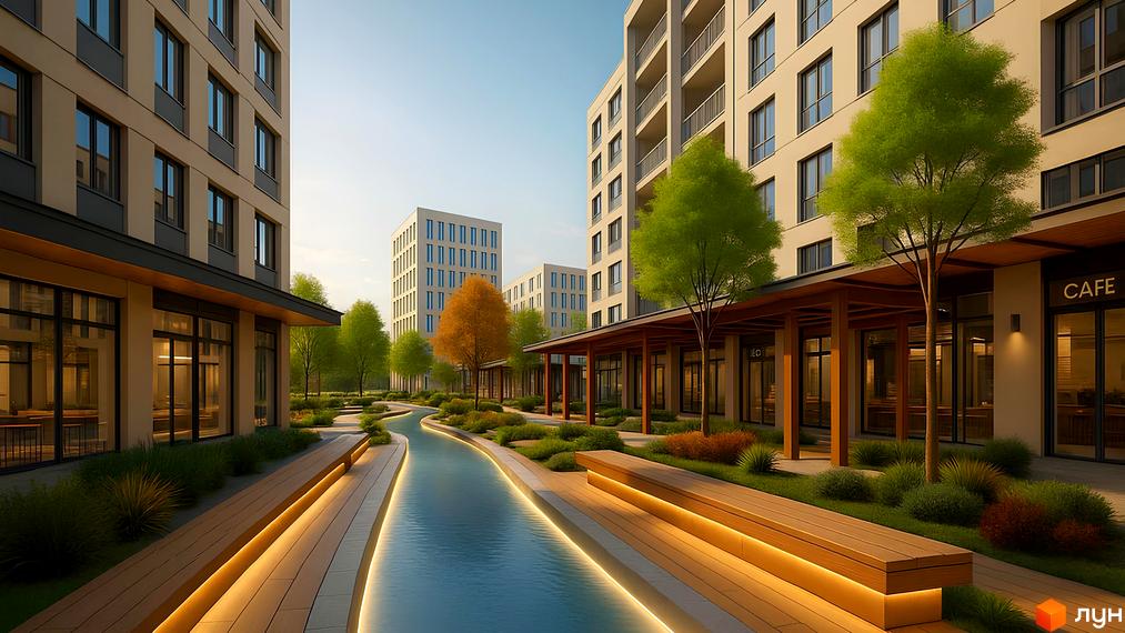 Житловий комплекс New Land з елегантною архітектурою та мальовничою прибудинковою територією з водним каналом та зонами відпочинку.