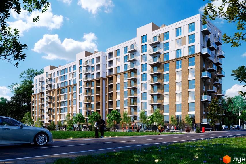 Житловий комплекс Кориця - багатоповерхова новобудова з цегляним фасадом та балконами, поруч розташований двір з дитячим майданчиком та зонами відпочинку.