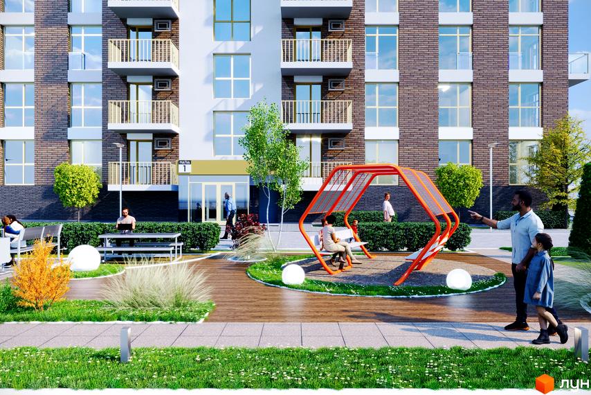 Житловий комплекс Кориця. Фасад цегляної новобудови з балконами та прибудинковою територією з зоною відпочинку та дитячим майданчиком.