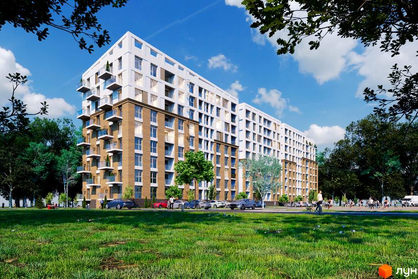 Житловий комплекс Кориця - це сучасна новобудова з цегляним фасадом та скляними балконами, розташована біля зеленої зони з деревами та місцями для відпочинку.