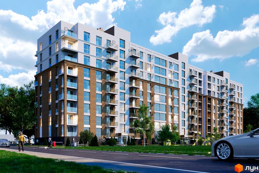 Житловий комплекс Кориця: багатоповерхова новобудова з цегляними та білими фасадами, балконами та великими вікнами. Прибудинкова територія з деревами, газоном та дорогою.