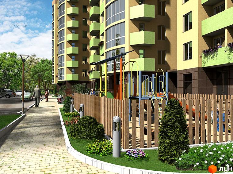 Житловий комплекс Зірка Вишгорода з яскравими зеленими балконами та дитячим майданчиком. Навколо будинку доглянута прибудинкова територія з деревами та квітами.