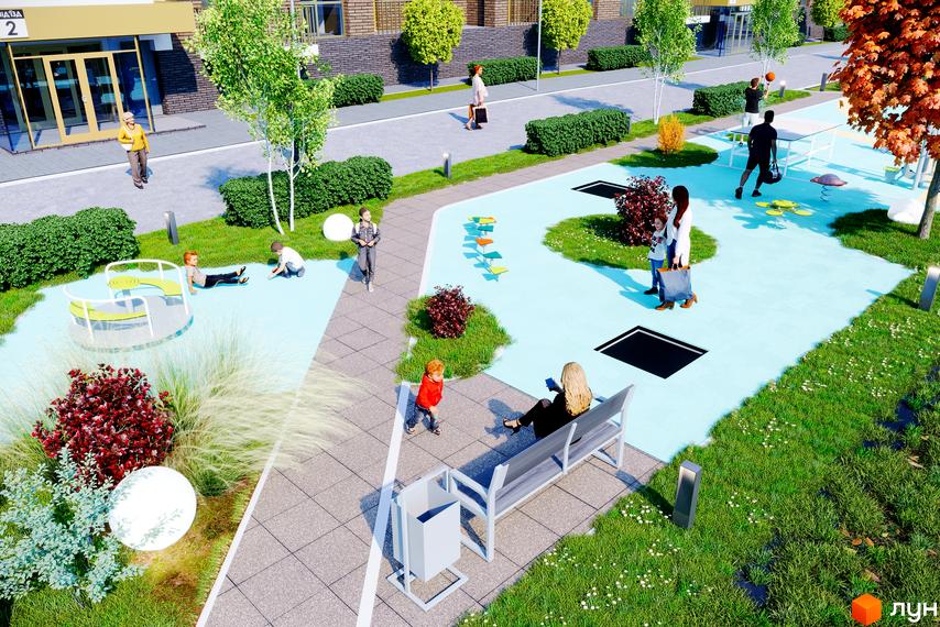 Зовнішній вигляд новобудови ЖК Кориця з прибудинковою територією, дитячим майданчиком та зонами відпочинку.