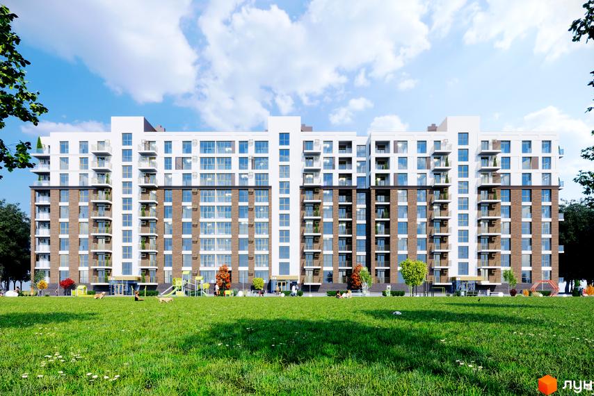 Житловий комплекс Кориця - багатоповерховий будинок з цегляним фасадом та балконами, на тлі зелений двір з дитячим майданчиком.