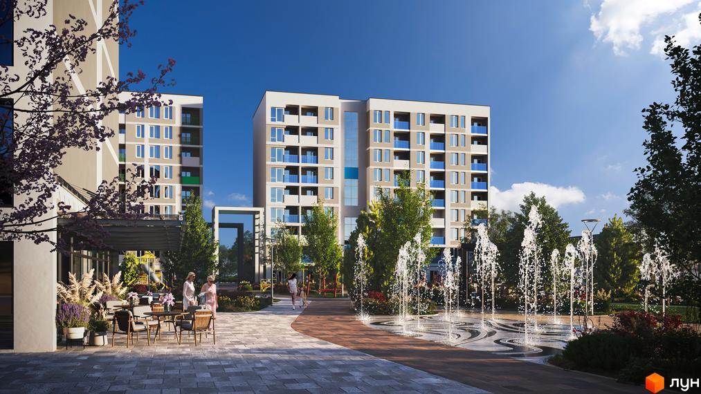 Житловий комплекс Литовський квартал: багатоповерхові будинки з синіми балконами та фонтанами на прибудинковій території.