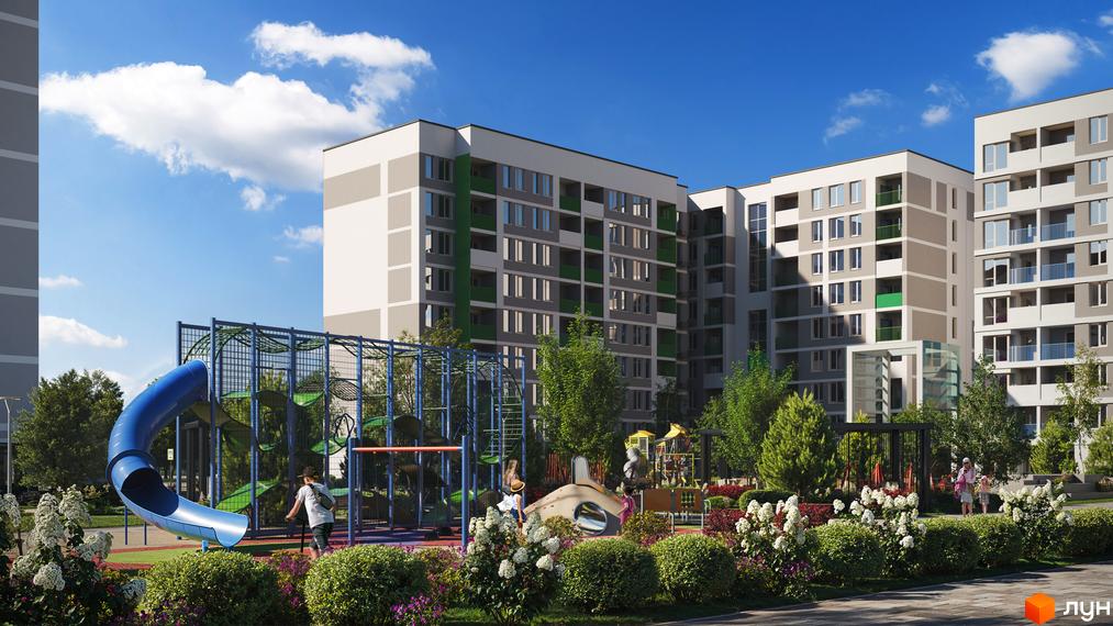 Житловий комплекс Литовський квартал з дитячим майданчиком та зеленими зонами. Сучасна архітектура будинків з балконами та великими вікнами.