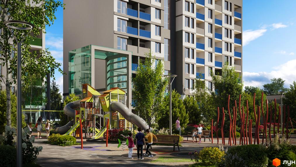 Житловий комплекс Литовський квартал: сучасна архітектура будівель та облаштований дитячий майданчик з гірками та гойдалками.
