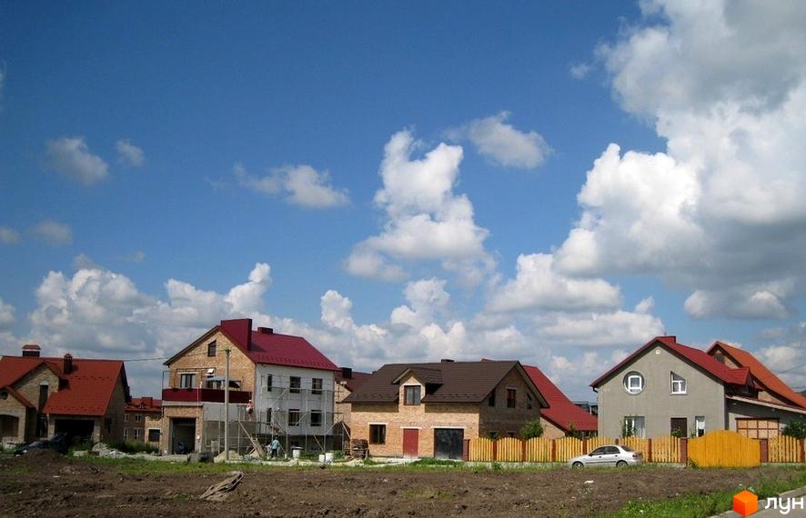 Котеджне містечко КМ Кленовий гай. Мальовничі будинки з червоними та коричневими дахами на тлі блакитного неба з хмарами. Прибудинкова територія з парканом та автомобілем.