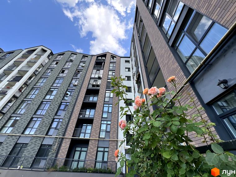 Житловий комплекс Scandia: фасади будинків з цегляним та сірим оздобленням, балкони, вікна. Поруч ростуть квітучі троянди.