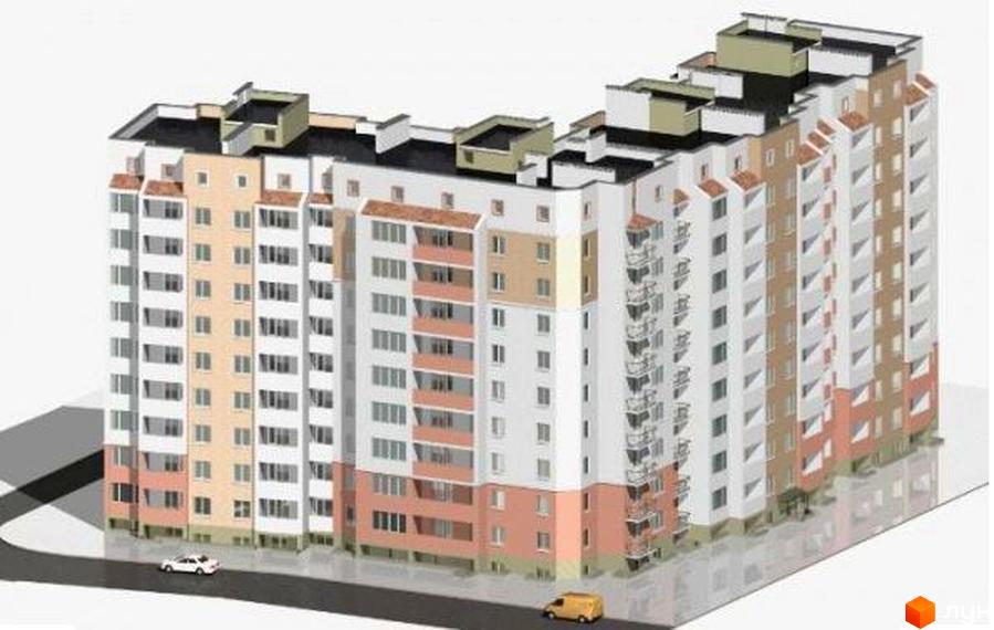 Зовнішній вигляд житлового комплексу вул. Ковалевського, 37 з балконами та прибудинковою територією.