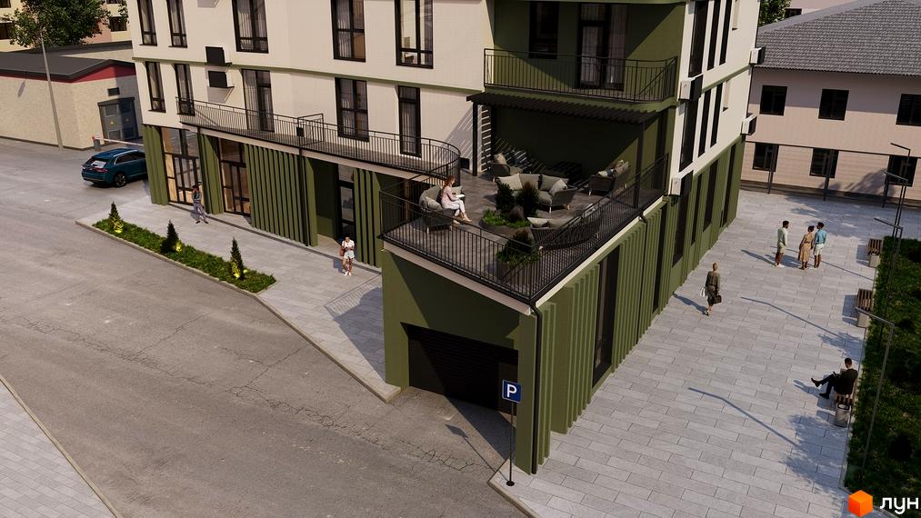 Зовнішній вигляд новобудови ЖК Альпійський з терасою та зоною відпочинку. Прибудинкова територія з бруківкою та зеленими насадженнями.