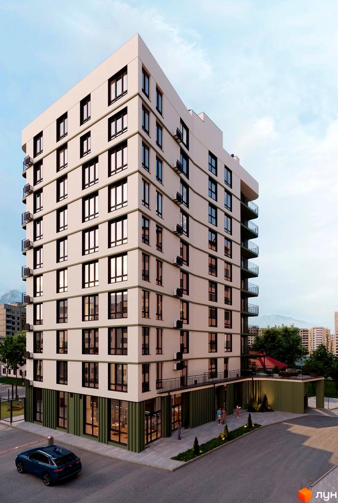 Зовнішній вигляд новобудови ЖК Альпійський з численними вікнами та балконами, прибудинкова територія з пішохідними доріжками та зеленими насадженнями.