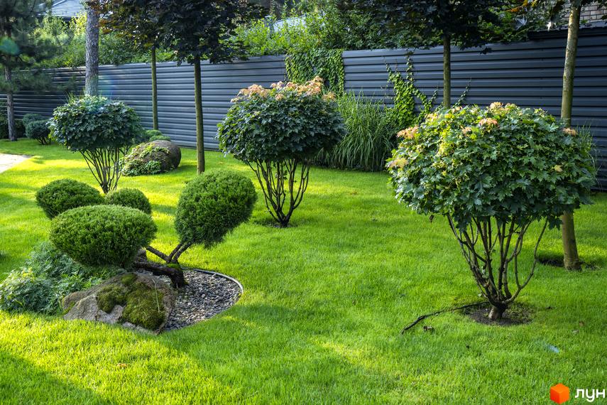 Котеджне містечко ZAHRAVA village 2. Доглянутий зелений газон з декоративними кущами та деревами, кам'яний паркан.