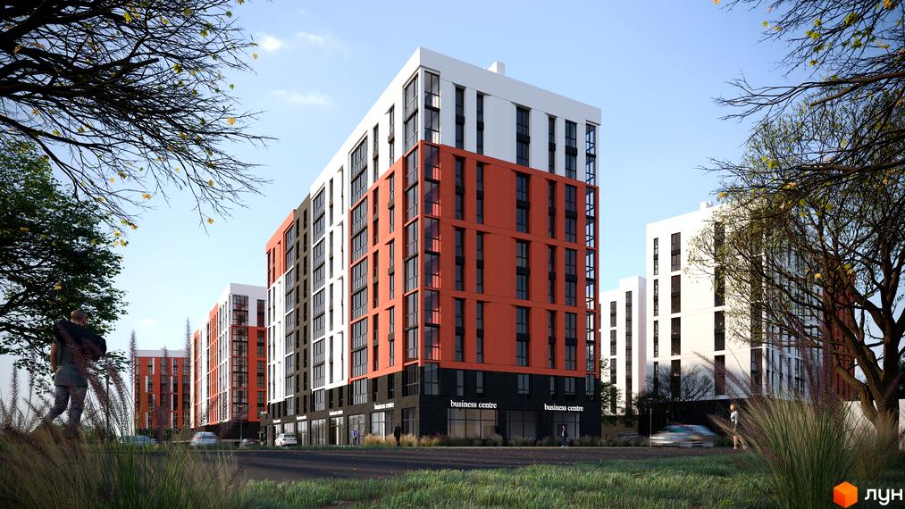 Зовнішній вигляд житлового комплексу FAMILY City з червоними та білими фасадами, вікнами та прибудинковою територією з деревами та травою.