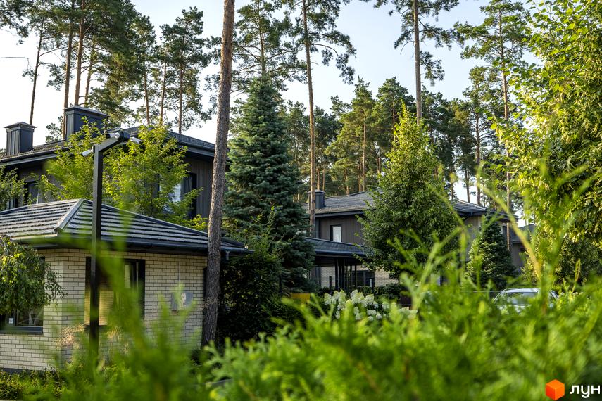 Котеджне містечко ZAHRAVA village 2. Сучасні будинки з темними фасадами та сірими дахами, оточені високими соснами та зеленню.