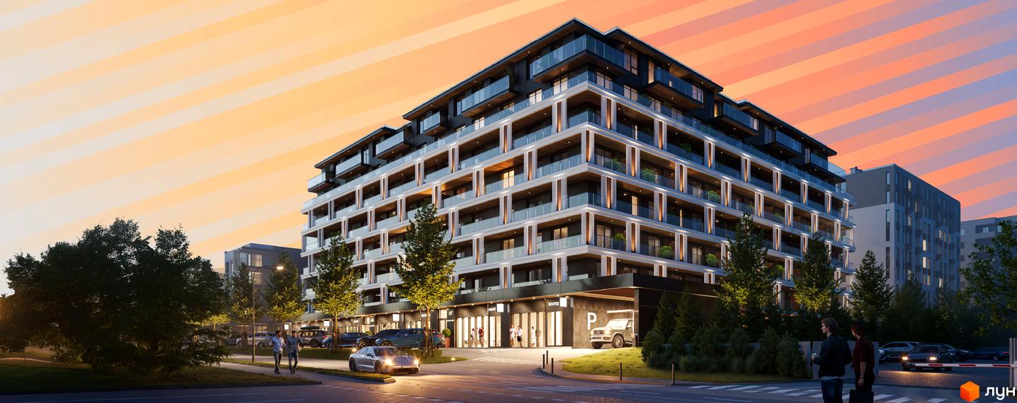 Житловий комплекс GLOBUS ECLIPTICA з балконами та скляними огорожами, з автомобілями та пішоходами біля входу.