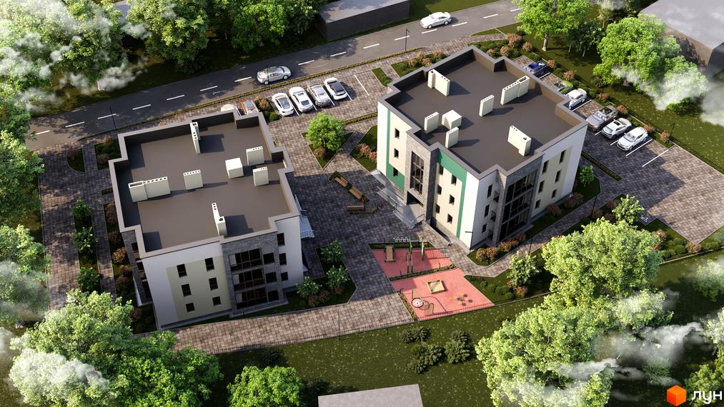 Житловий комплекс Ірландія.Млинів - вид зверху на будівлі з сірими та білими фасадами, зеленою обробкою та прибудинковою територією з дитячим майданчиком та парковкою.