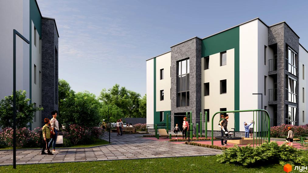 Зовнішній вигляд житлового комплексу Ірландія.Млинів з цегляними елементами та зеленою зоною. На території розташований дитячий майданчик та місця для відпочинку.