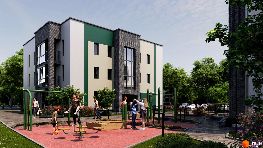 Житловий комплекс Ірландія.Млинів: триповерховий будинок з біло-бежевими та зеленими фасадами, цегляними вставками та дитячим майданчиком.
