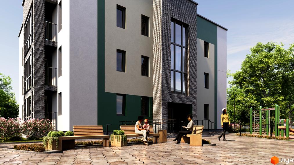 Зовнішній вигляд новобудови ЖК Ірландія.Млинів з прибудинковою територією та зонами відпочинку. Будинок має сірі та зелені фасади, цегляні вставки та великі вікна.
